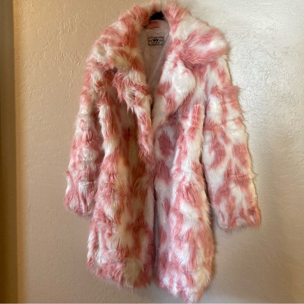 Women’s Pink and White Fuzzy Fur Winter Long Coat Jacket - Small